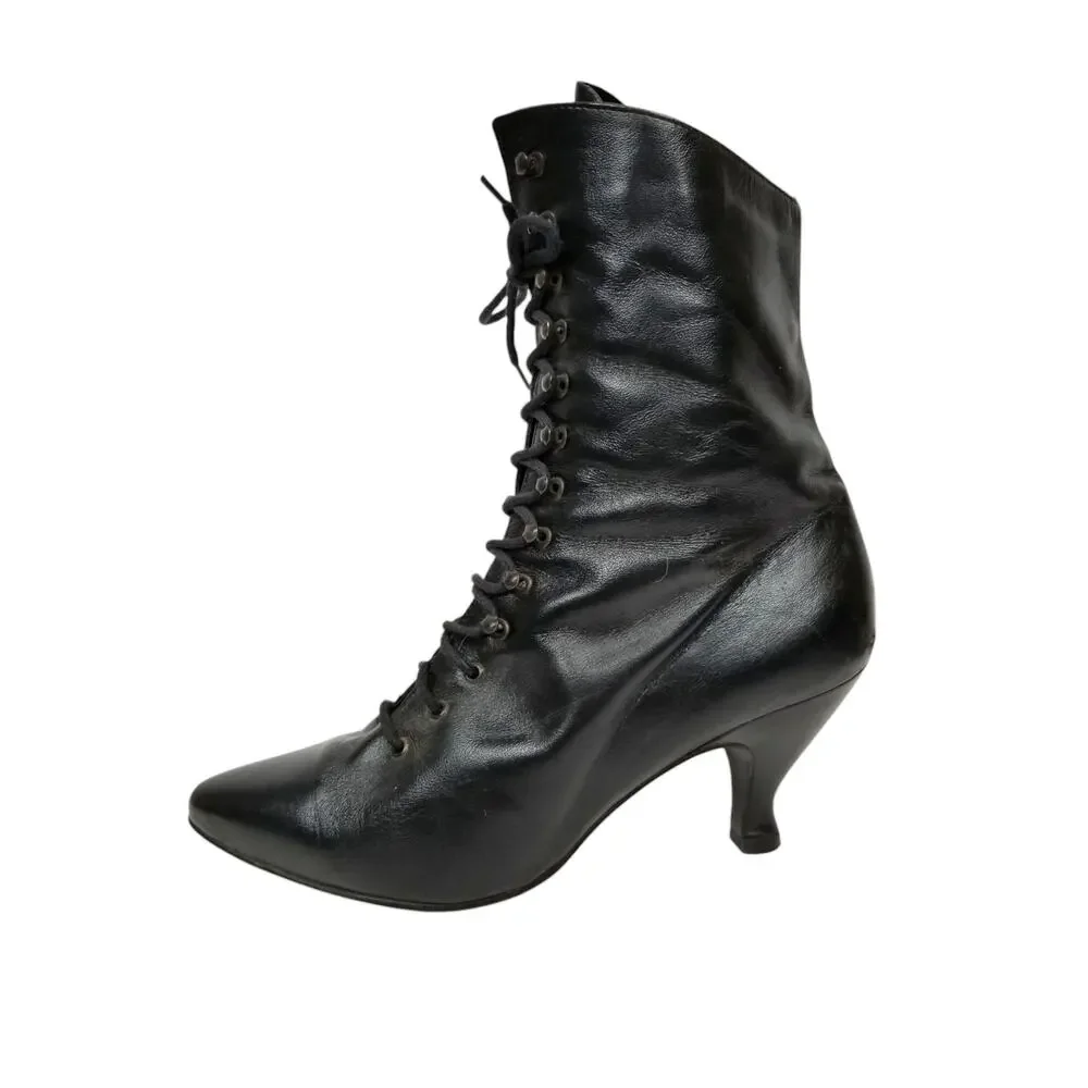 Poppies Black Leather Victorian Lace-up Boots Size 7.5 - Picture 3 of 12